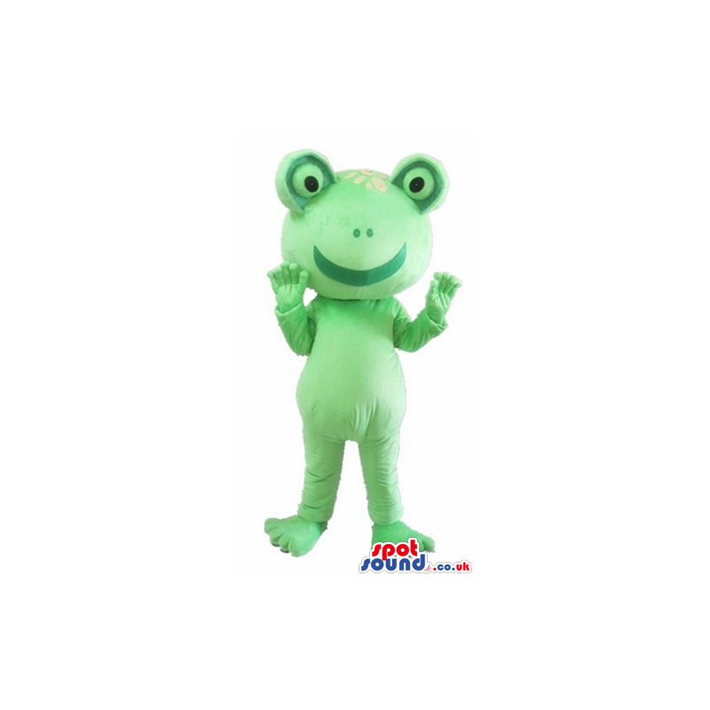 Smiling green frog with a big head - Custom Mascots