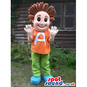 Boy mascot with orange t-shirt with letter A and green trousers