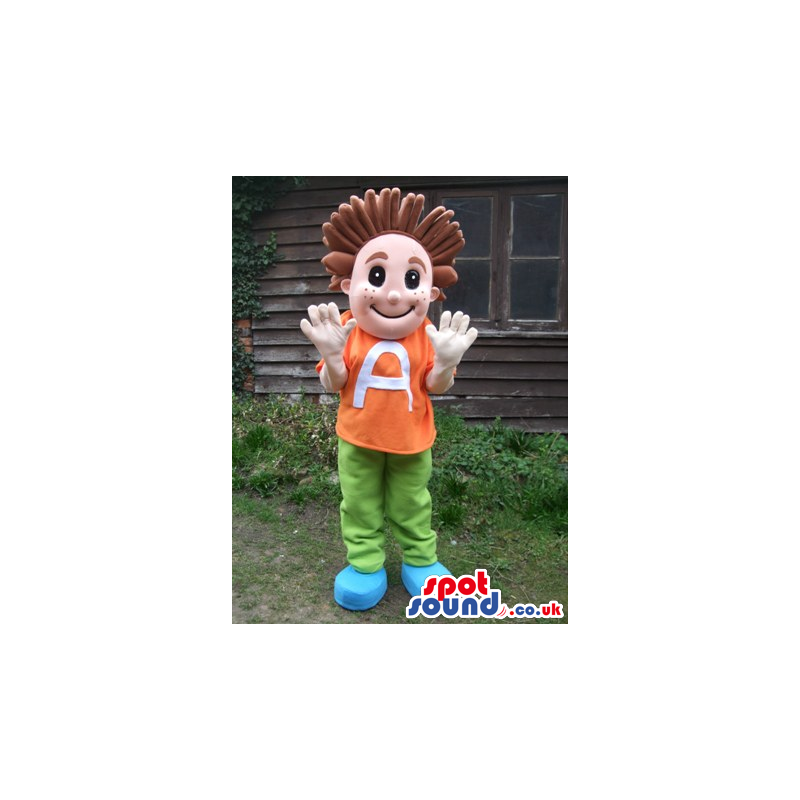 Boy mascot with orange t-shirt with letter A and green trousers