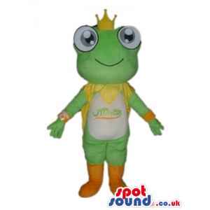 Green frog with big eyes wearing a yellow crown and cape