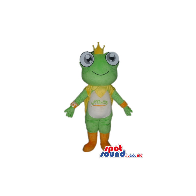 Green frog with big eyes wearing a yellow crown and cape