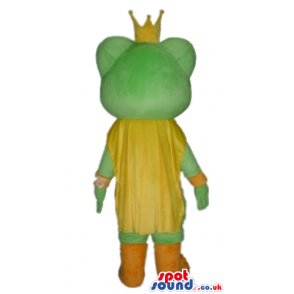 Green frog with big eyes wearing a yellow crown and cape