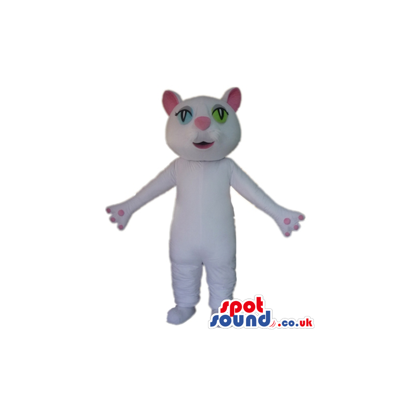 White cat with big green eyes and pink nose and ears - Custom