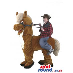 Pony mascot in brown with tongue out in a naughty smile -