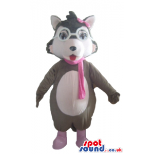 Grey bear with white glasses and pink boots, scarf and bow on