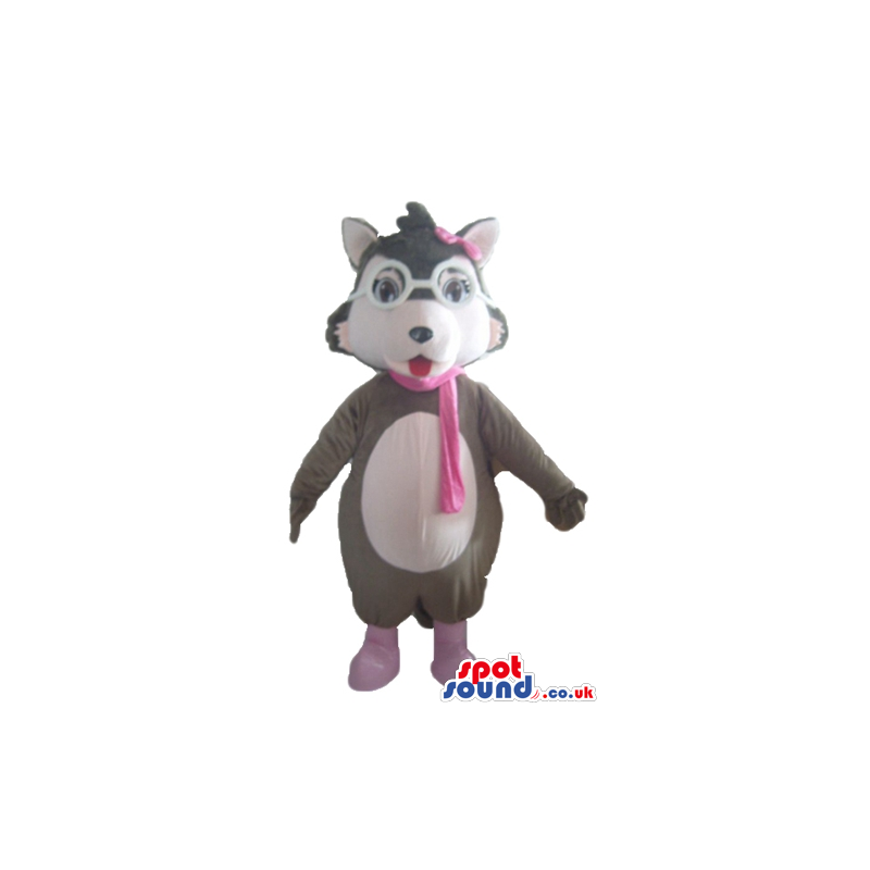 Grey bear with white glasses and pink boots, scarf and bow on