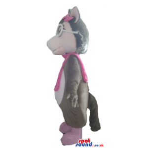 Grey bear with white glasses and pink boots, scarf and bow on
