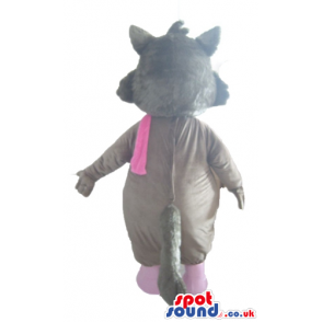 Grey bear with white glasses and pink boots, scarf and bow on