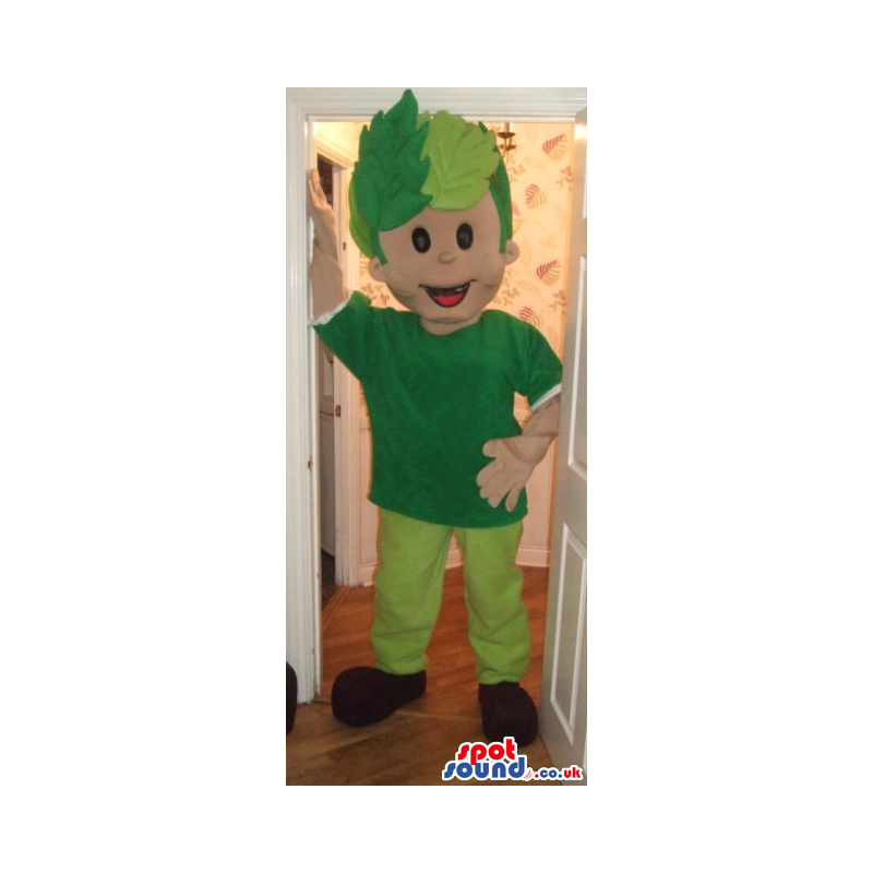 Man mascot with leafy green hair and green T-shirt and trousers