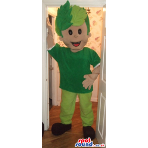 Man mascot with leafy green hair and green T-shirt and trousers