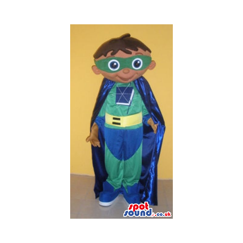 Superhero mascot wearing blue and green outfit and blue cape -