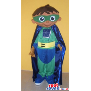 Superhero mascot wearing blue and green outfit and blue cape -