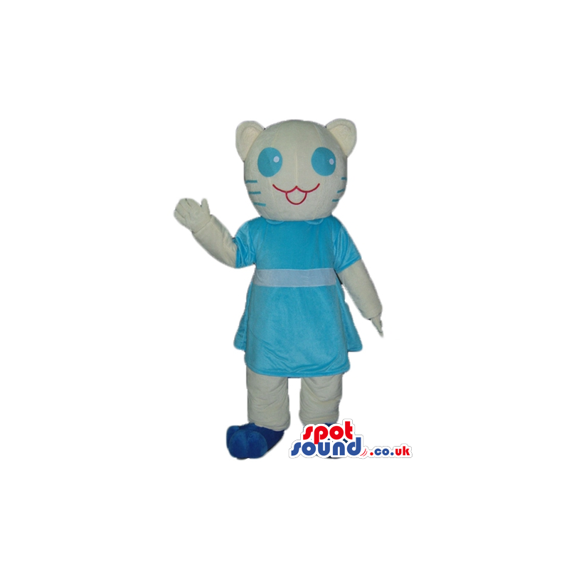 White cat dressed in lightblue dress and blue shoes with big