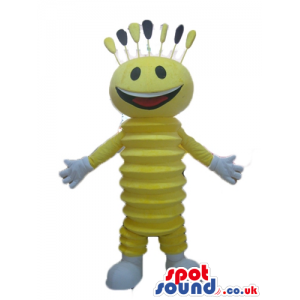 Smiling yellow bag with black eyes, white hands and feet and