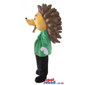 Orange and brown hedgehog wearing black trousers and shoes, a