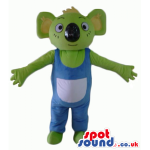 Green koala wearing blue gardener trousers - Custom Mascots