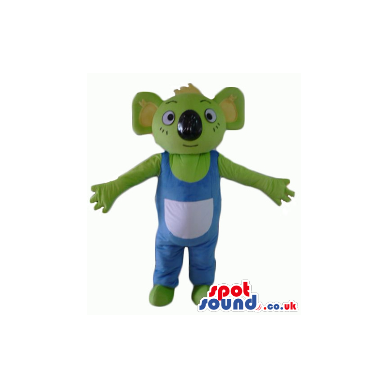 Green koala wearing blue gardener trousers - Custom Mascots