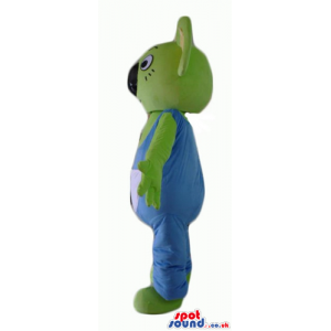 Green koala wearing blue gardener trousers - Custom Mascots