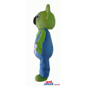 Green koala wearing blue gardener trousers - Custom Mascots