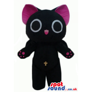 Black cat with big eyes, pink ears and paws and a yellow cross