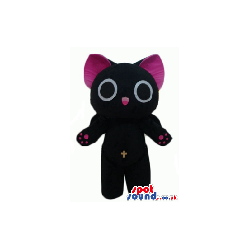 Black cat with big eyes, pink ears and paws and a yellow cross