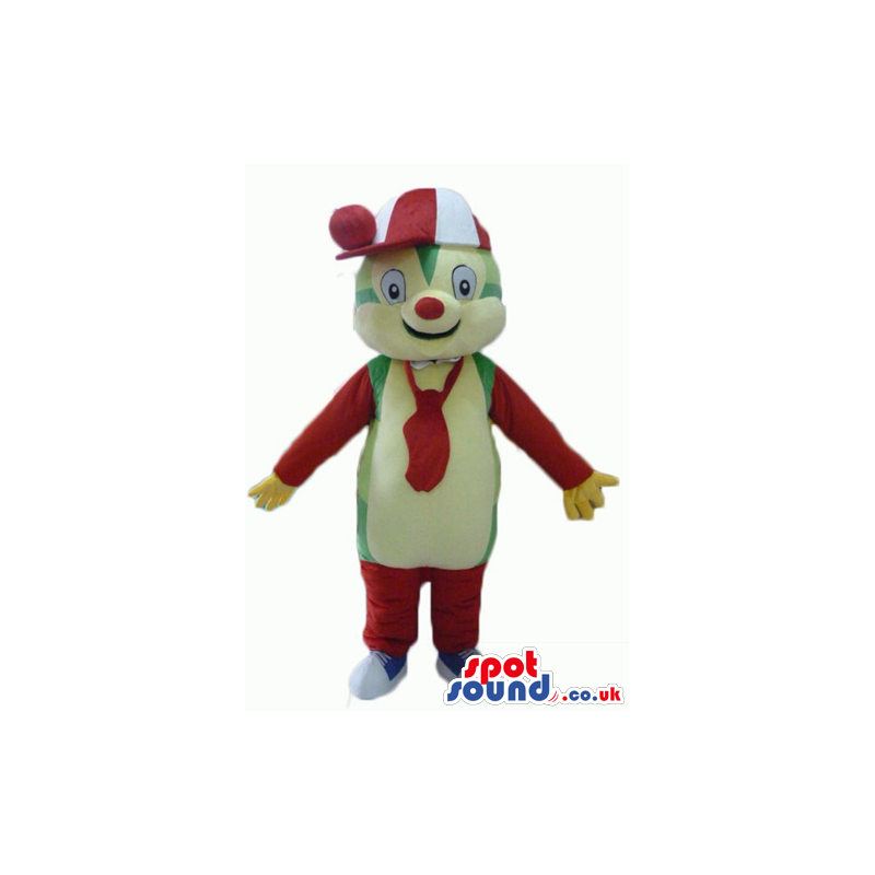 Green and yellow mascot wearing red trousers, a red tie, sports