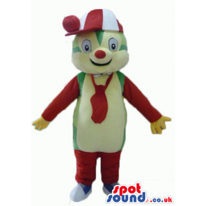 Green and yellow mascot wearing red trousers, a red tie, sports