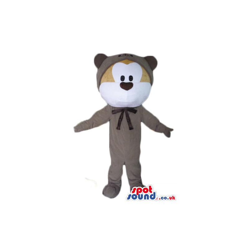 Brown bear wearing grey baby clothes and a cap - Custom Mascots