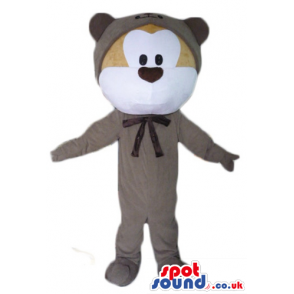 Brown bear wearing grey baby clothes and a cap - Custom Mascots