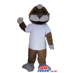 Brown cat wearing glasses and a white t-shirt - Custom Mascots