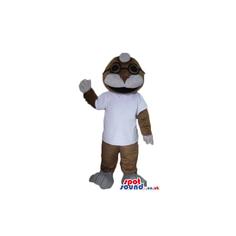 Brown cat wearing glasses and a white t-shirt - Custom Mascots