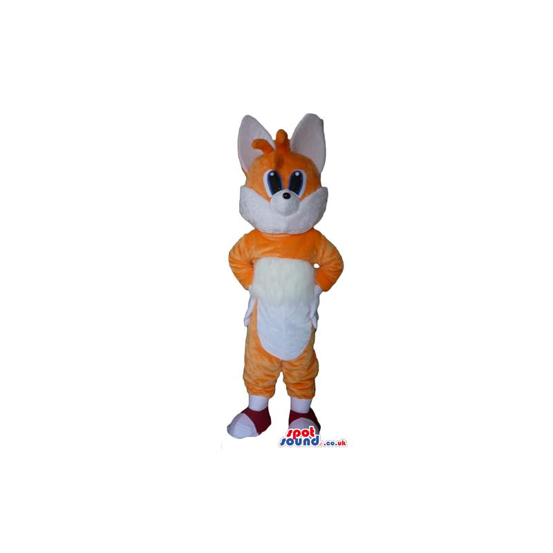 Smiling orange and white fox wearing red shoes - Custom Mascots