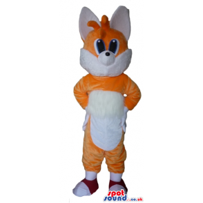 Smiling orange and white fox wearing red shoes - Custom Mascots