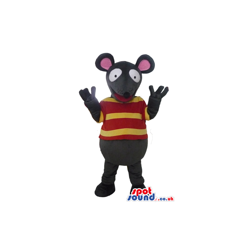 Grey mouse with pink ears wearing a red and yellow striped