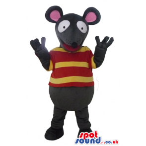 Grey mouse with pink ears wearing a red and yellow striped