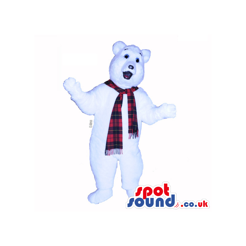 White, happy bear mascot with red and black checkered scarf -