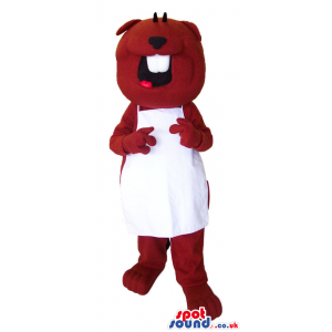 Brown happy beaver mascot with white teeth and with white apron