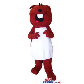 Brown happy beaver mascot with white teeth and with white apron