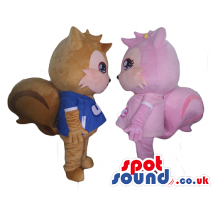 Brown squirrel wearing a blue t-shirt and pink squirrel in a