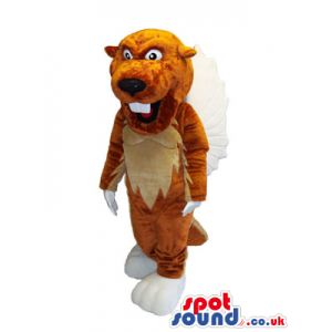 Brown beaver mascot with white teeth and beige underbelly -