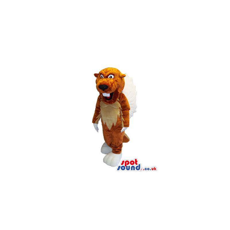 Brown beaver mascot with white teeth and beige underbelly -