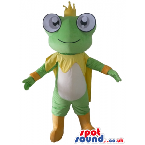 Green frog with big eyes wearing a yellow crown and cape