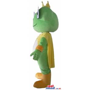 Green frog with big eyes wearing a yellow crown and cape