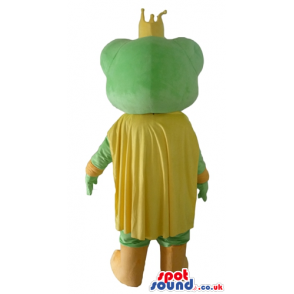 Green frog with big eyes wearing a yellow crown and cape