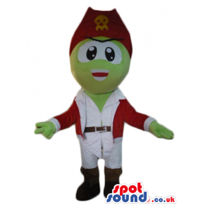 Green pirate monster wearing a red hat and white trousers and