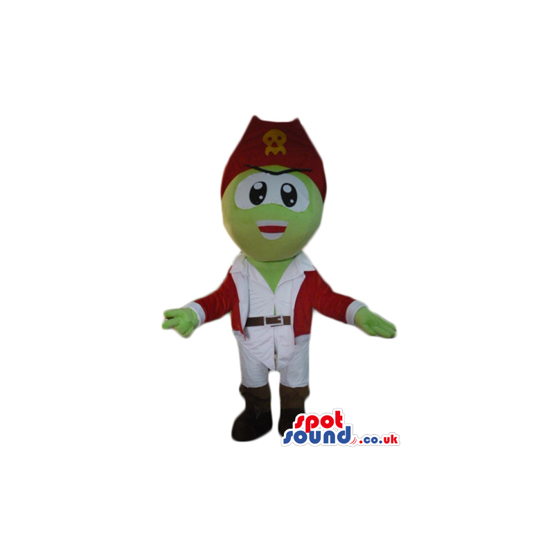 Green pirate monster wearing a red hat and white trousers and