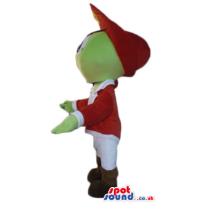 Green pirate monster wearing a red hat and white trousers and