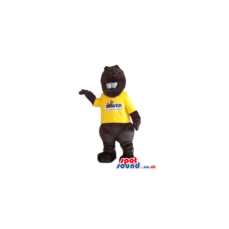 Dark brown beaver mascot with white teeth and yellow shirt -