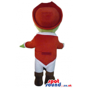 Green pirate monster wearing a red hat and white trousers and