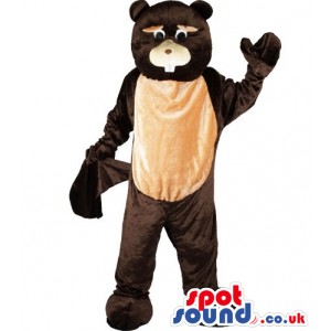Dark and light brown beaver mascot with tail and white teeth